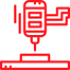 Un icono rojo y blanco de un taladro sobre un fondo blanco.
