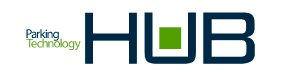 Un logotipo azul y verde para la tecnología de estacionamiento de iHub.