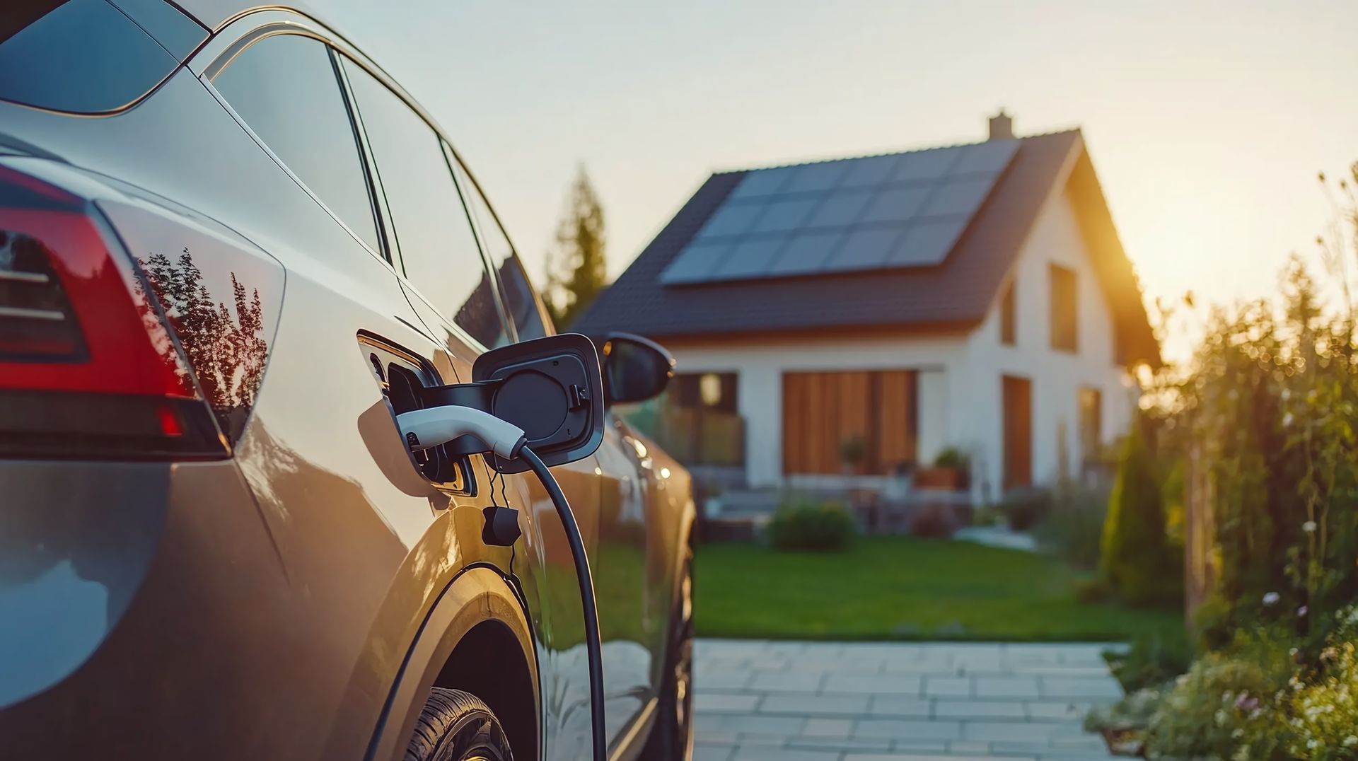 Une voiture électrique en charge, sur une allée pavé, devant une maison au coucher du soleil.