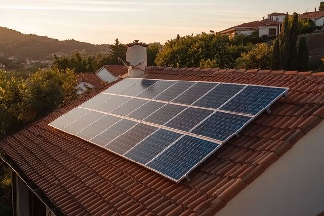 Des panneaux solaires installés sur un toit de tuiles rouges au coucher du soleil.