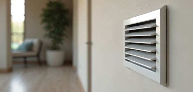 Grille d'aération blanche sur un mur, dans un salon.