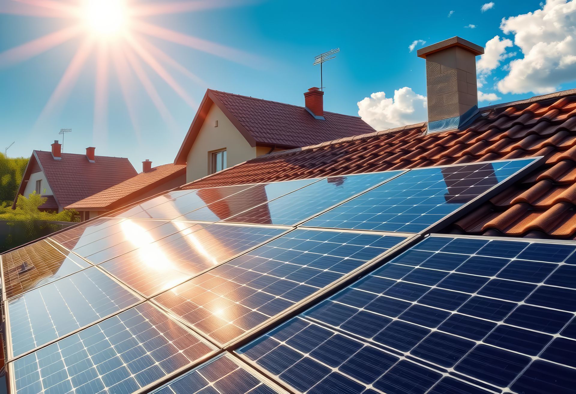 Panneaux solaires sur le toit d'une maison, sous un soleil éclatant, dans un quartier résidentiel.