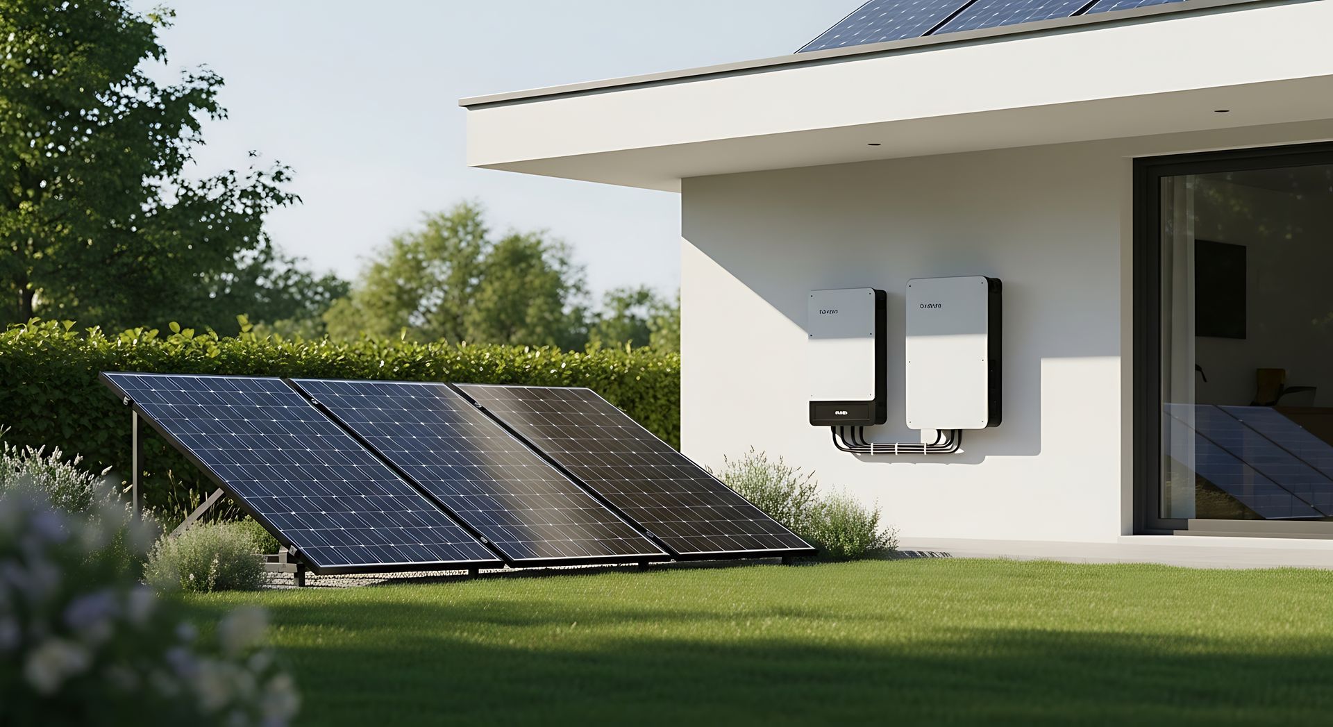 Des panneaux solaires posés dans le jardin d'une maison contemporaine.