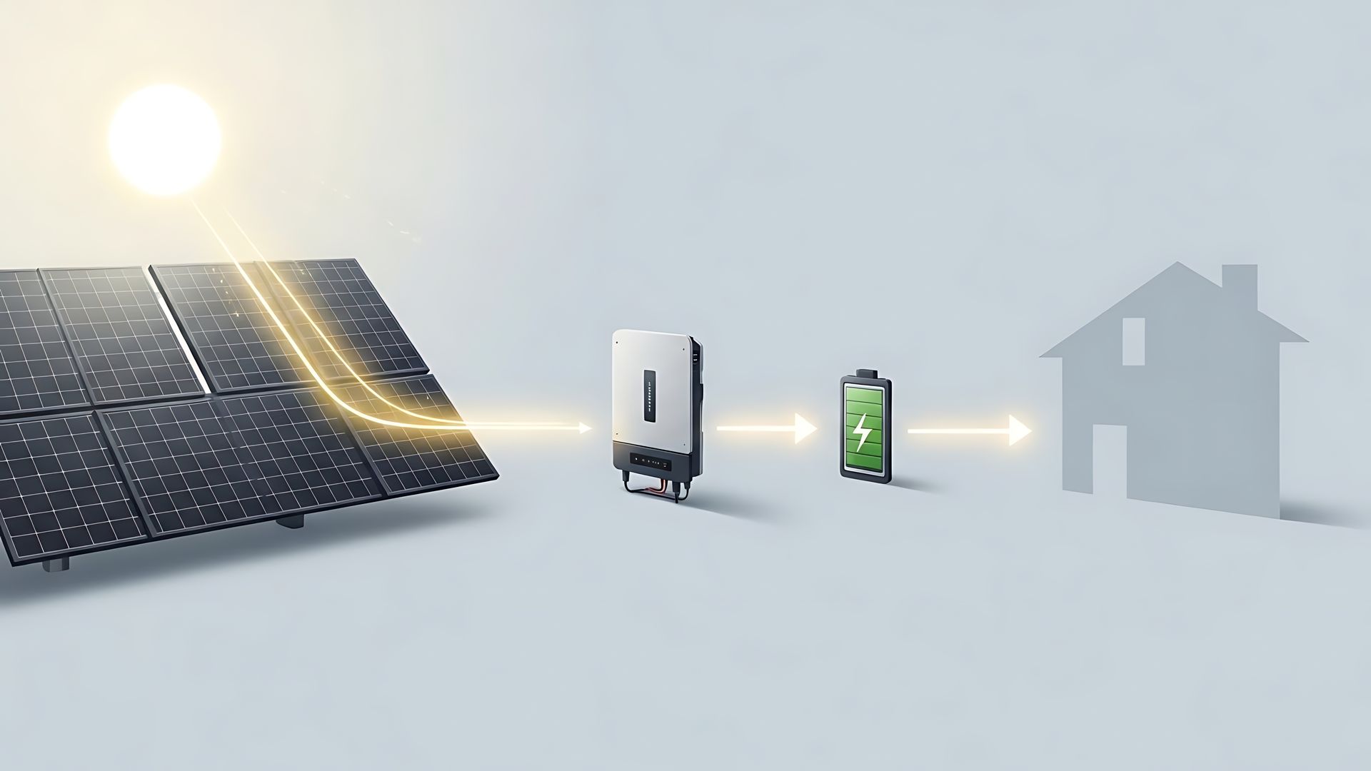 Schéma de panneaux solaires produisant de l’électricité acheminée vers un onduleur puis une batterie avant d’alimenter une maison.
