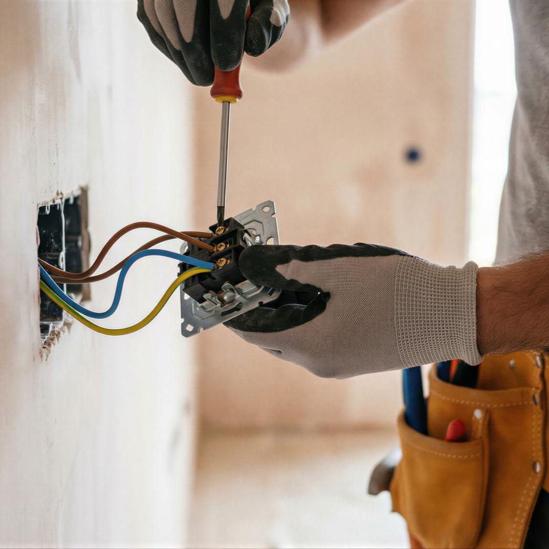 Un électricien effectue un câblage de prise électrique.