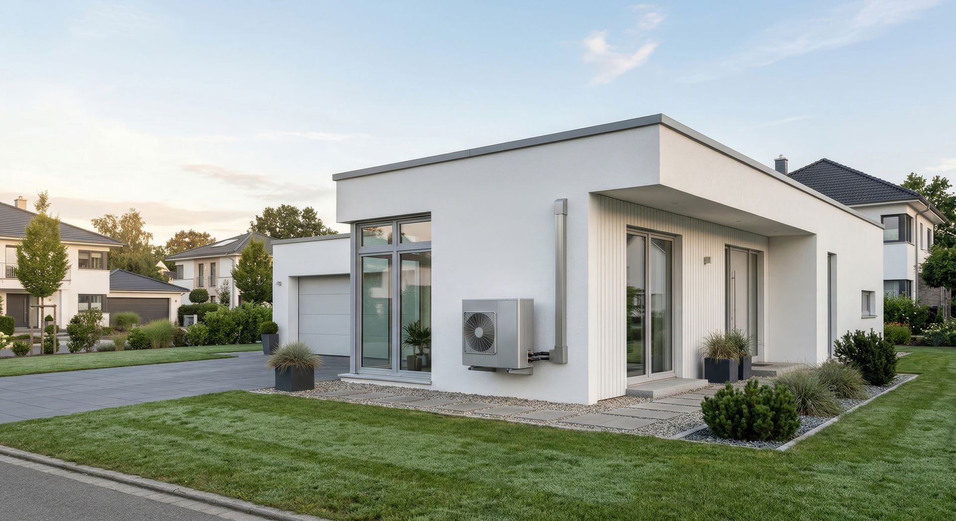 Maison moderne de plain-pied avec de grandes fenêtres, un petit jardin et une unité extérieure de climatisation.