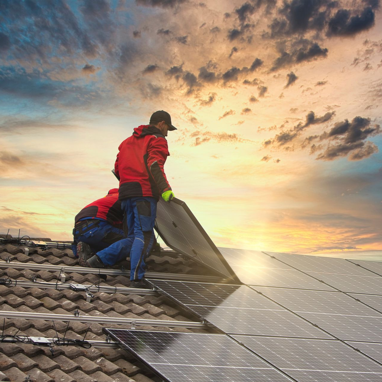 Des ouvriers installent des panneaux solaires sur un toit au coucher du soleil.