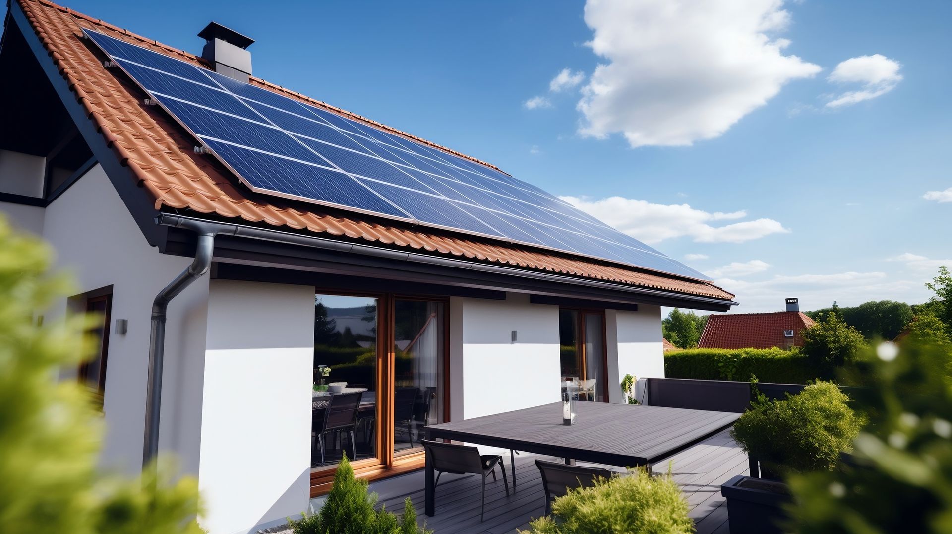 Maison moderne avec panneaux solaires sur le toit et terrasse avec mobilier de jardin.