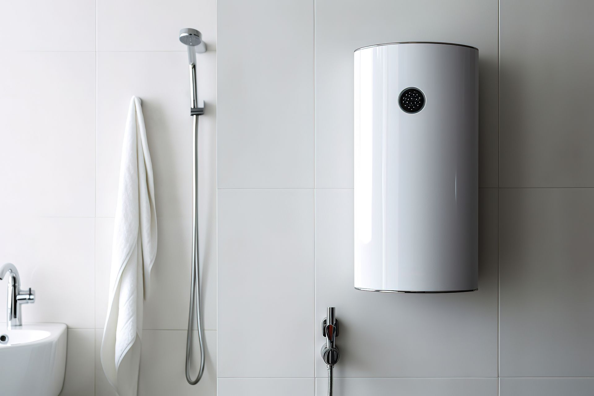 Salle de bains minimaliste avec douche murale et un chauffe-eau.
