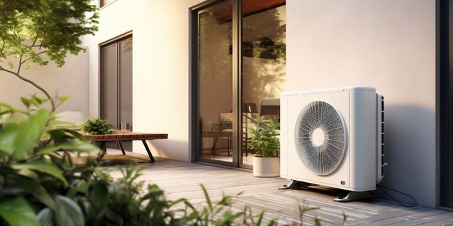 Unité extérieure de climatisation sur une terrasse en bois, à côté d'une baie vitrée aux huisseries noires.