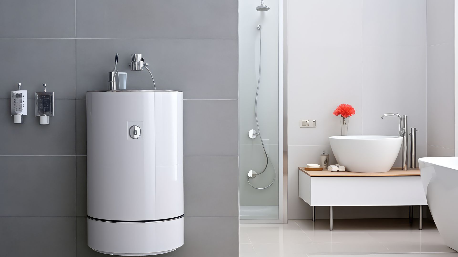 Salle de bains moderne avec meuble lavabo blanc et chauffe-eau blanc compact.