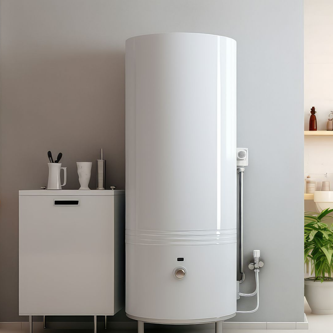 Chauffe-eau blanc à côté d'un petit meuble dans une buanderie.