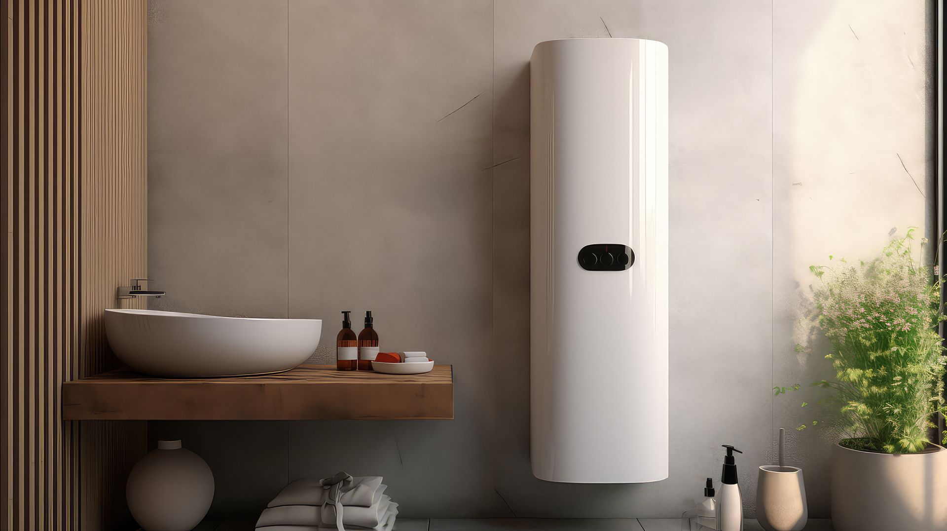 Salle de bains moderne avec chauffe-eau blanc mural, meuble vasque en bois, lavabo et plante en pot.
