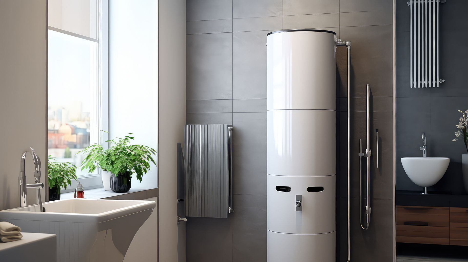 Salle de bains moderne dans les tons foncés et boisés, avec un ballon d'eau chaude thermodynamique.