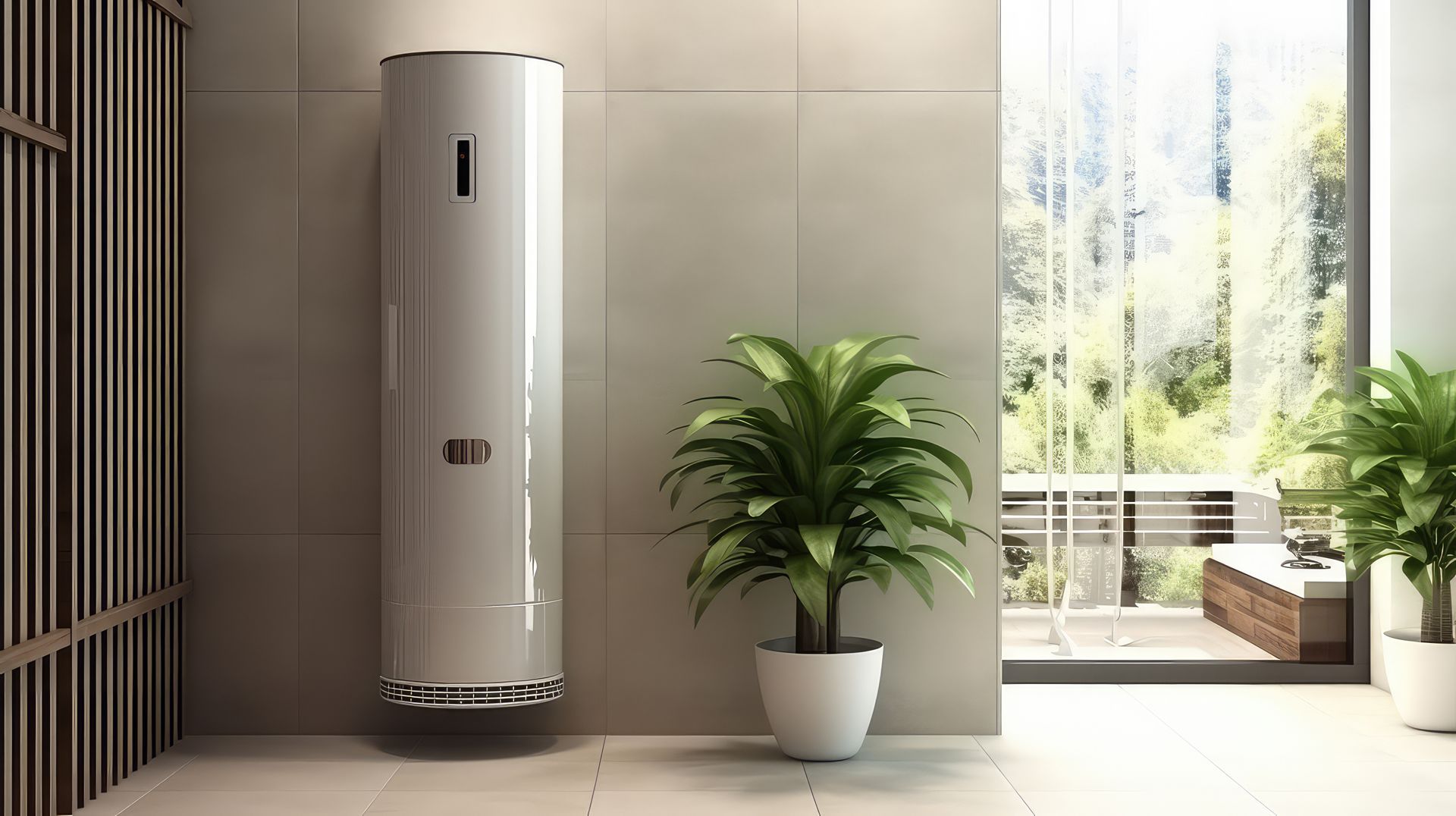 Un chauffe-eau installé dans une salle de bains, près d'une plante en pot.