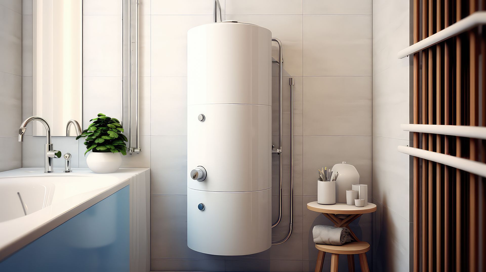 Chauffe-eau électrique vertical dans une salle de bains blanche avec éléments en bois.