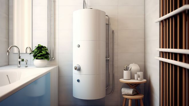 Chauffe-eau électrique vertical dans une salle de bains blanche avec éléments en bois.