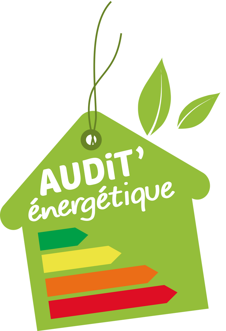 Étiquette Audit énergétique, avec une maison verte et des feuilles.