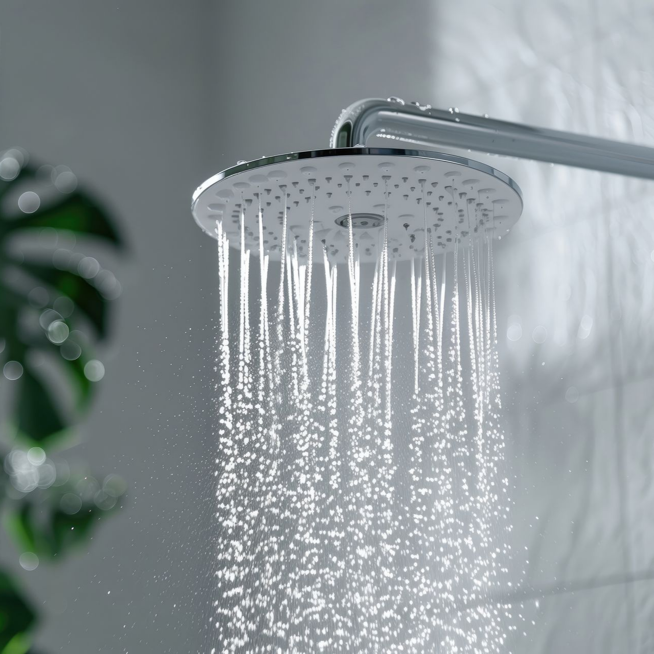 Pommeau de douche projetant de l'eau dans une salle de bains.