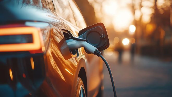 Voiture électrique en charge à une borne au coucher du soleil.
