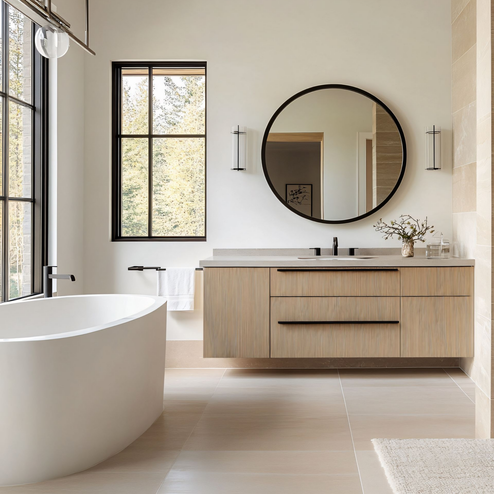 Salle de bains avec baignoire îlot, miroir rond et meuble vasque en bois clair.