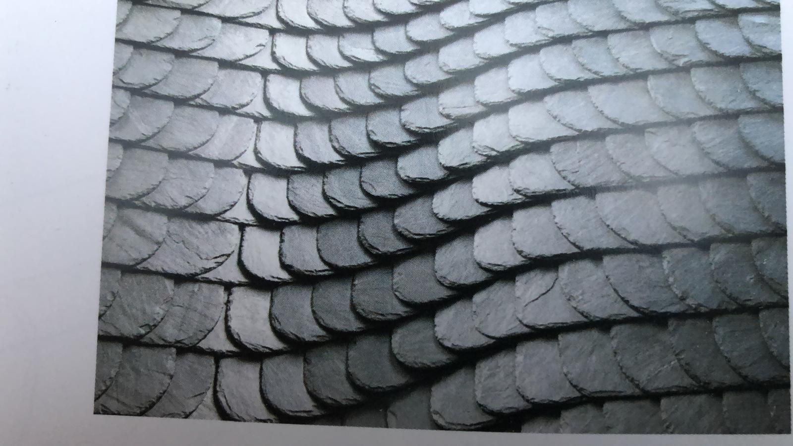 Nahaufnahme eines grauen, geschwungenen Ziegeldachs aus überlappenden, abgerundeten Schieferschindeln.