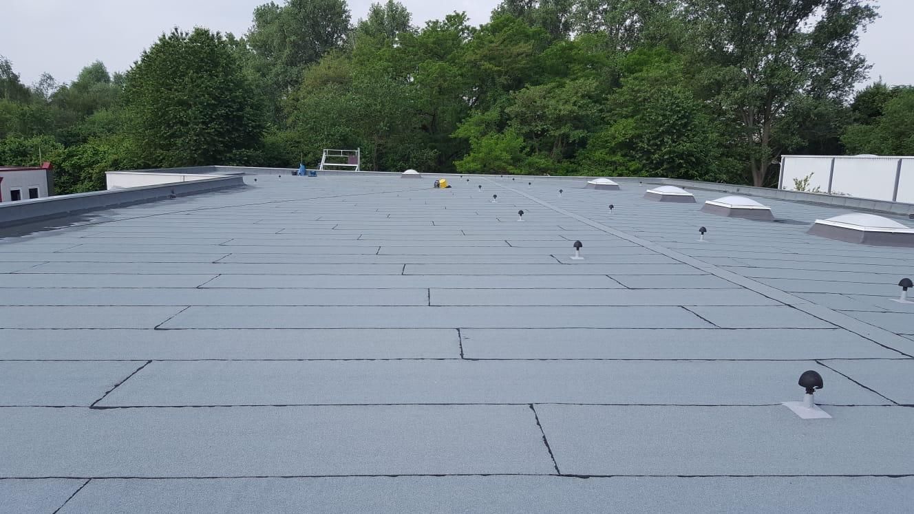 Flaches, graues Dach mit dunklen Linien und kleinen, schwarzen Armaturen; Bäume im Hintergrund.