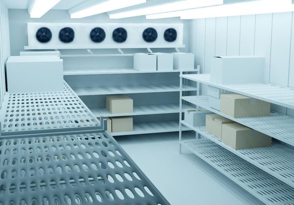 Pasillo vacío de una tienda refrigerada con estantes, cajas y grandes ventiladores de refrigeración en la parte trasera.