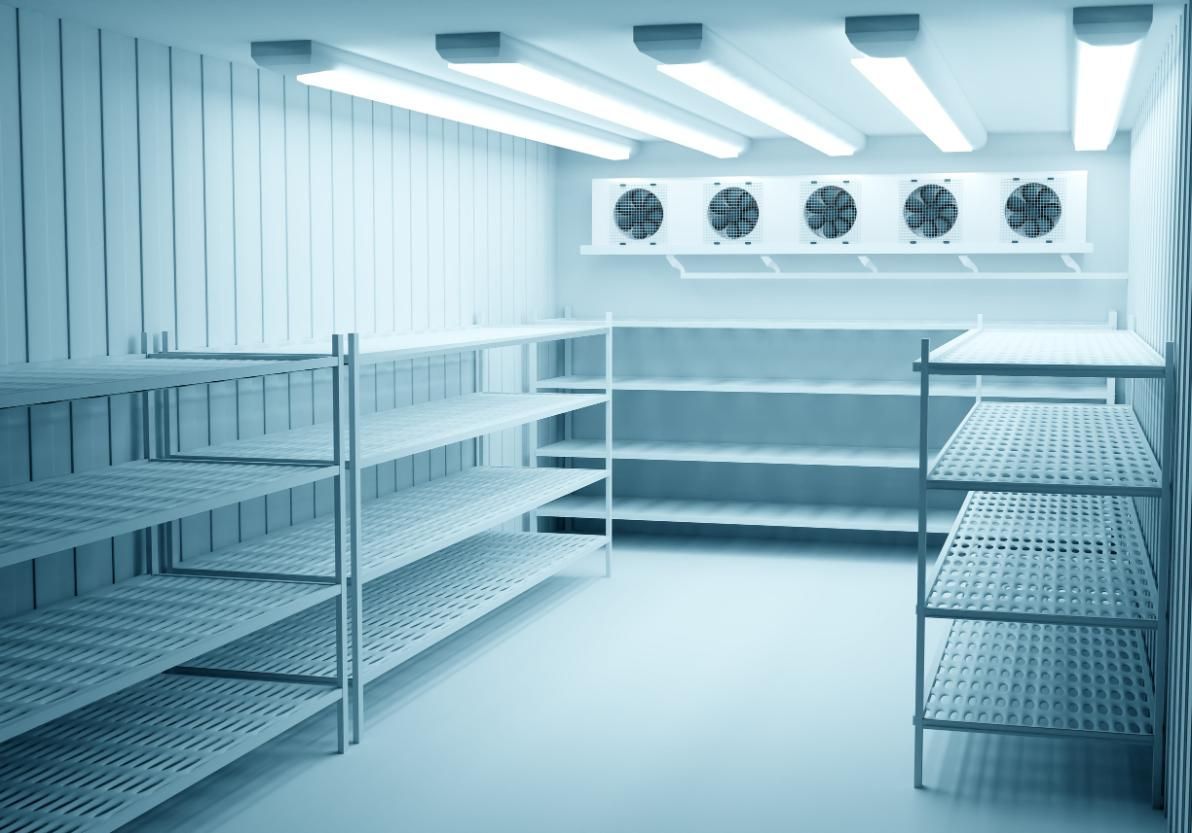 Cámara frigorífica vacía con estantes metálicos y ventiladores de refrigeración, iluminada con luz azul fría.