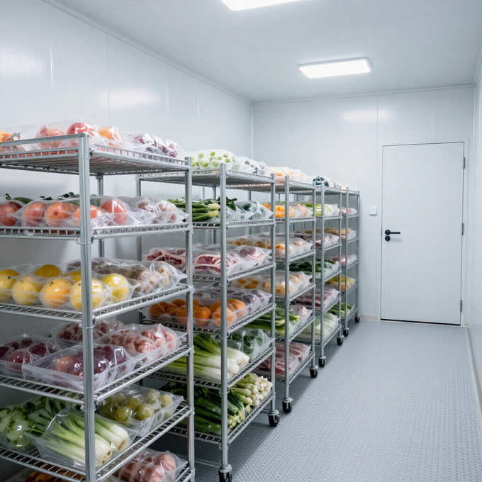 Filas de estantes metálicos llenos de productos envasados ​​en un luminoso almacén refrigerado.