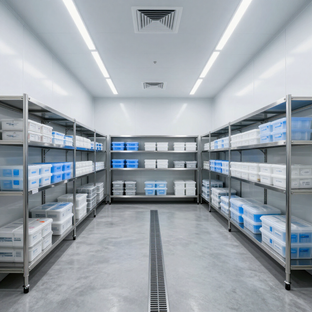 Sala de almacenamiento estéril con estantes metálicos de cajas blancas y etiquetas azules