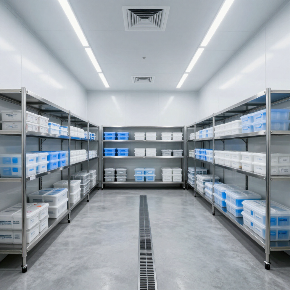 Sala de almacenamiento estéril con estantes metálicos de cajas blancas y etiquetas azules