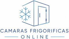 Logo de Camaras Frigorificas Online con un cubo azul, copo de nieve y puerta de cámara fría