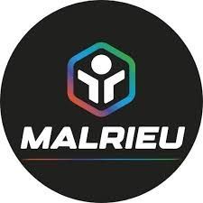 Logo de Malrieu : Cercle noir, texte blanc « MALRIEU » sous un hexagone multicolore avec une icône de personne blanche.