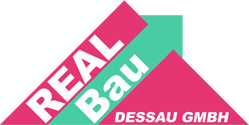 Ein rosa-grünes Logo für die Real Bau Dessau GmbH