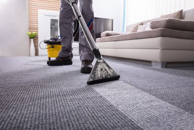 Eine Person reinigt mit einem Teppichreiniger einen Teppich im Wohnzimmer und hinterlässt einen sauberen Streifen.