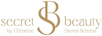 Secret Beauty-Logo mit goldenen Buchstaben „S“ und „B“, mit dem Text „secret“ und „beauty“ auf jeder Seite.