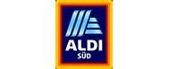 Ein blau-weißes Aldi-Logo mit gelbem Rahmen auf weißem Hintergrund.