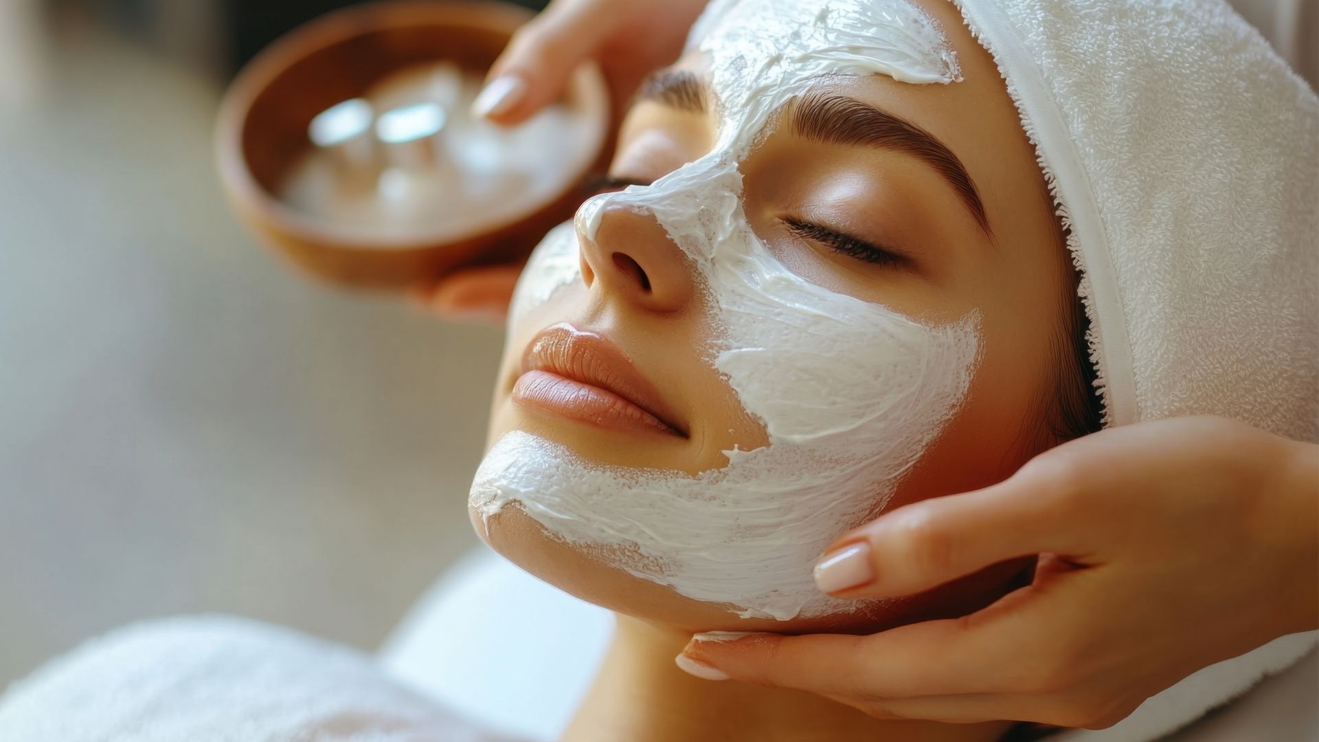Mujer recibiendo mascarilla facial en el spa, manos aplicando crema blanca.