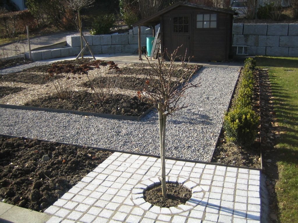 Gestaltung eines Gartens in Kloten mit Hecken und Blumenbeeten.