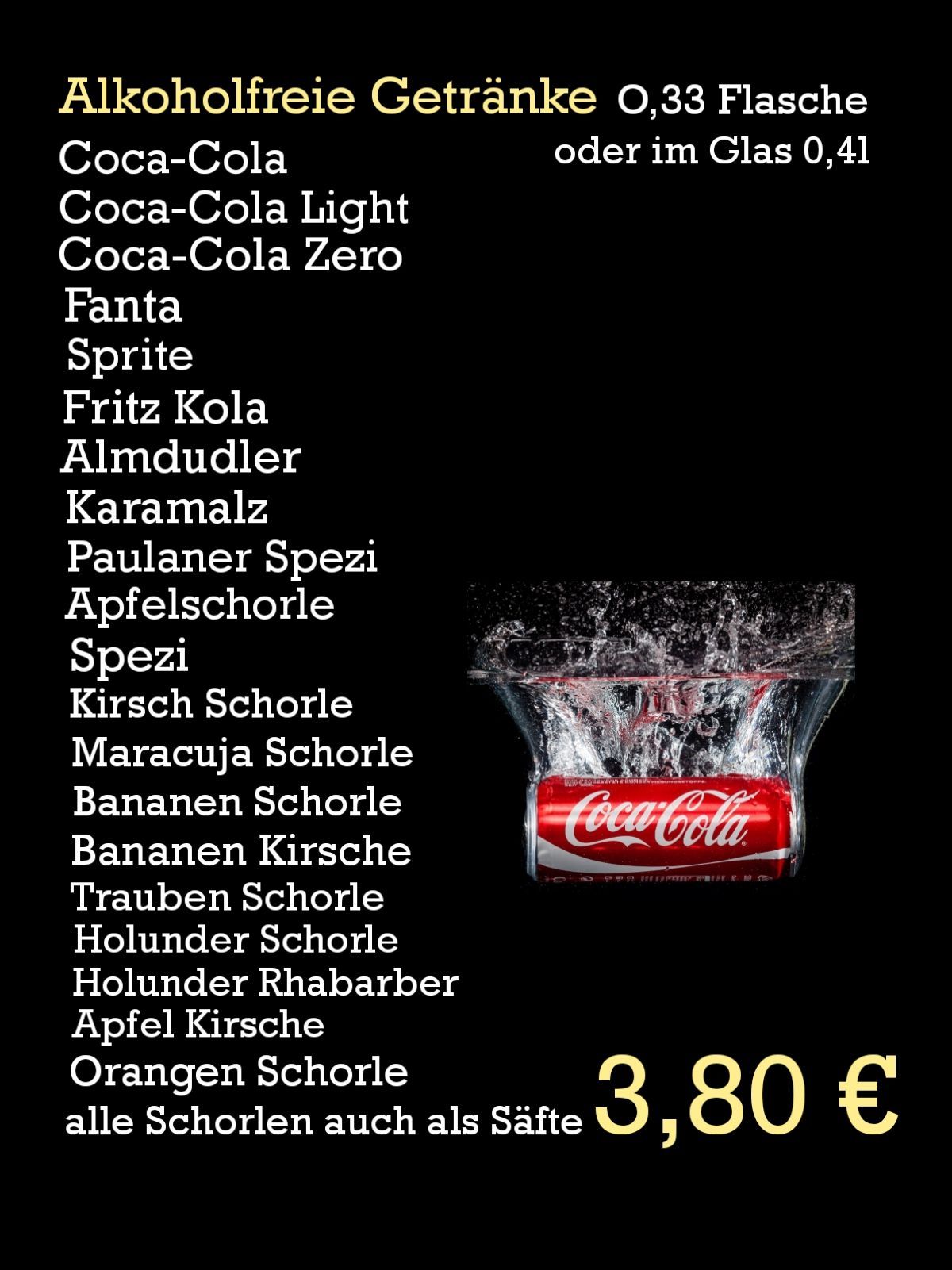 Übersicht Getränkekarte Softdrinks