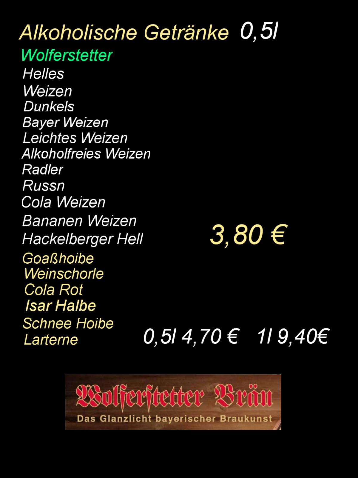 Übersicht Getränkekarte Biere