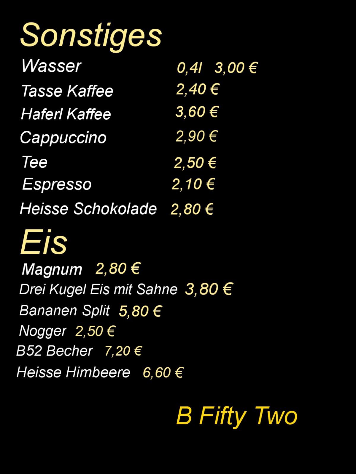 Übersicht Getränkekarte Wasser, Kaffee, Tee, Eis