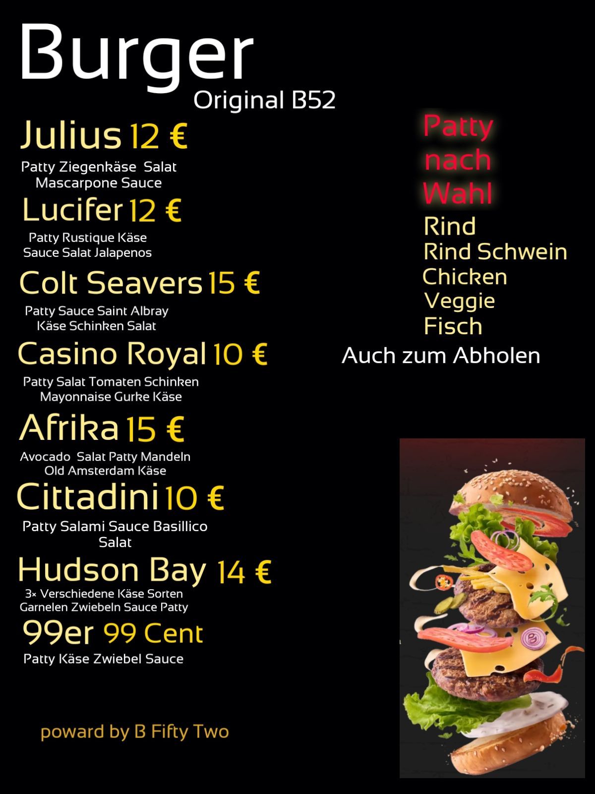 Übersicht Speisekarte Burger