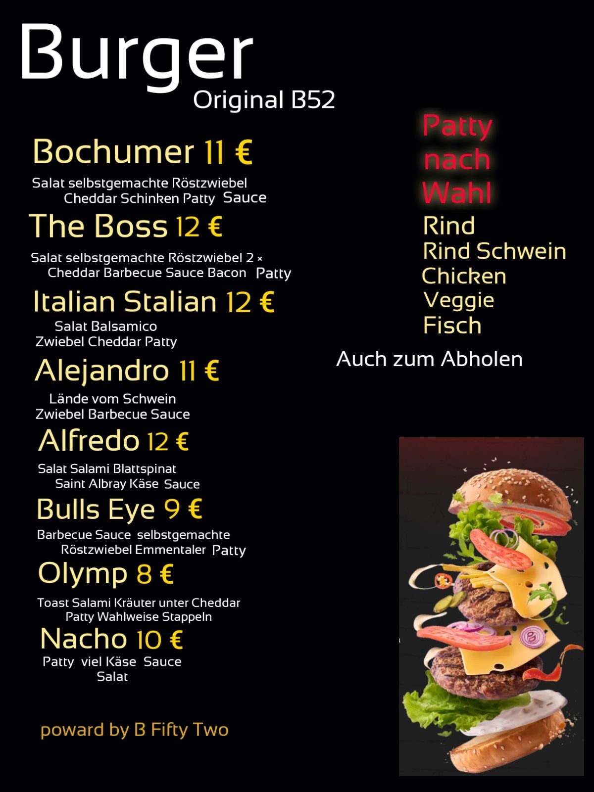 Übersicht Speisekarte Burger