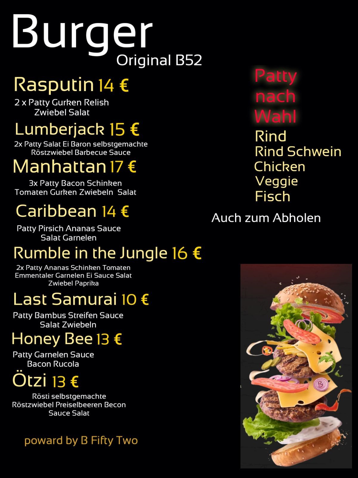 Übersicht Speisekarte Burger