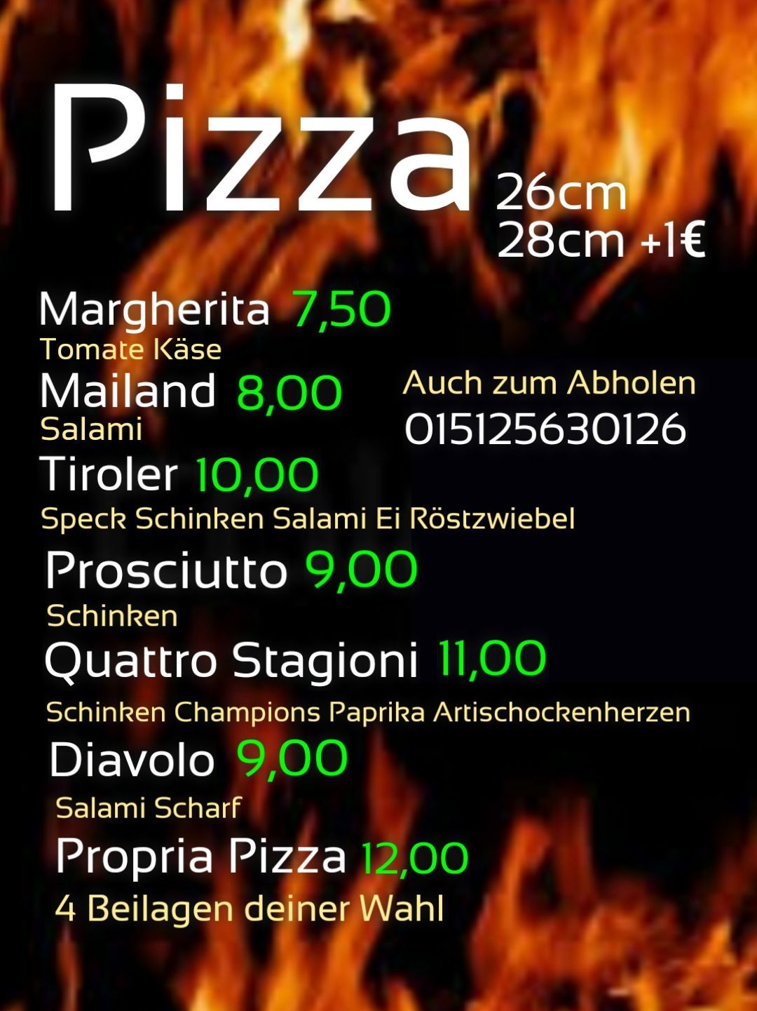 Übersicht Speisekarte Pizza