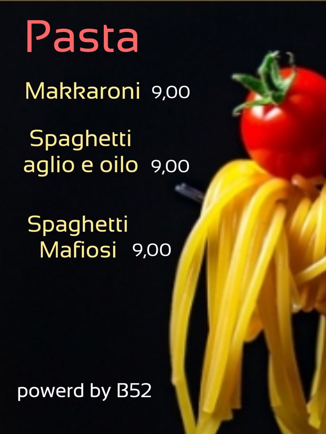 Übersicht Speisekarte Pasta