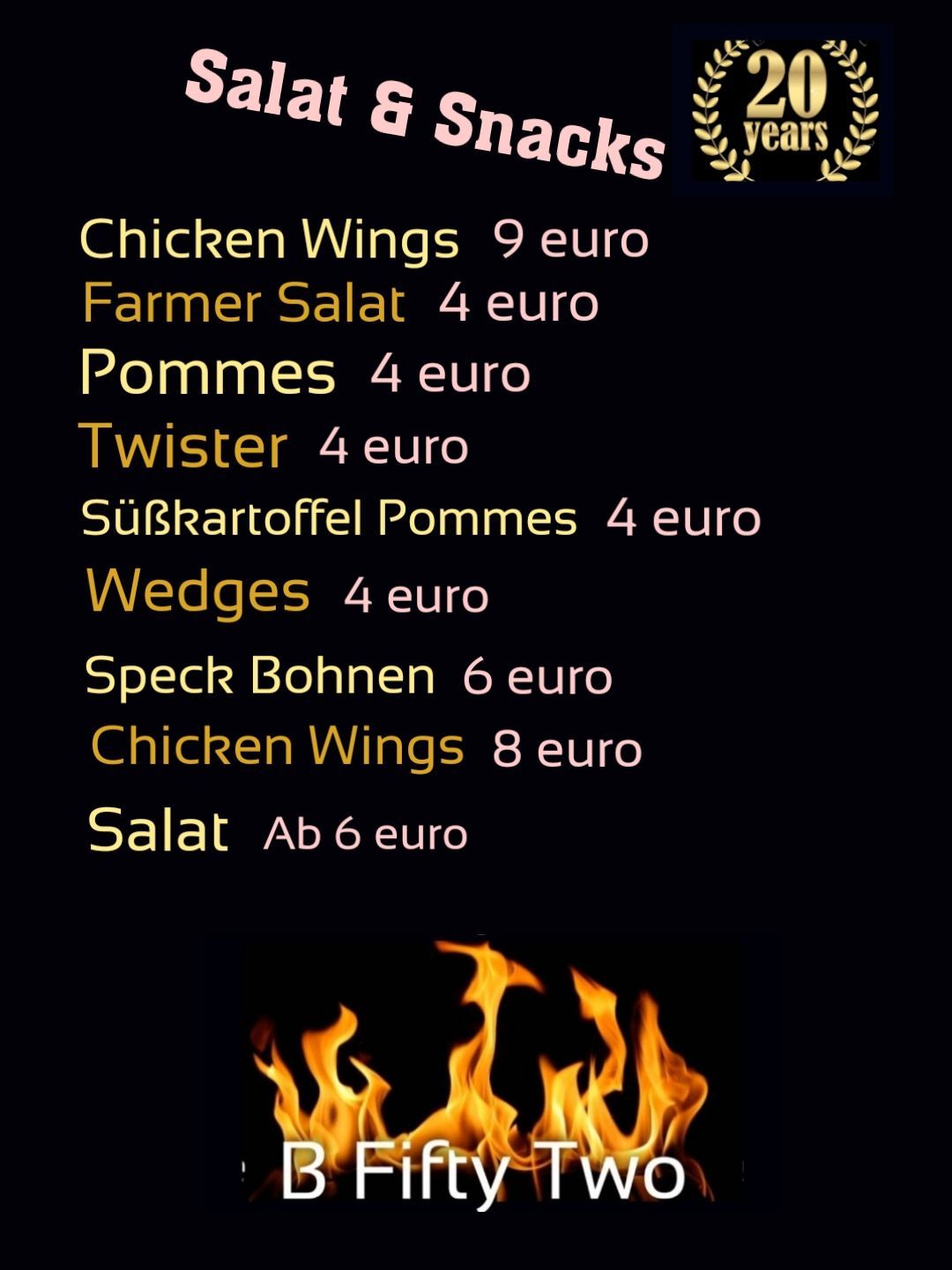 Übersicht Speisekarte Salat & Snacks