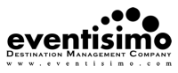 Un logotipo en blanco y negro para la empresa de gestión de destinos Eventissimo.
